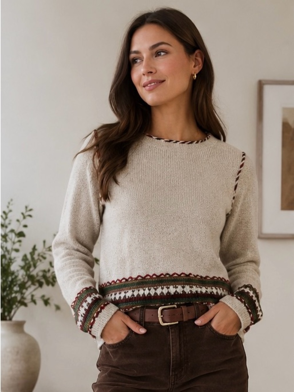 Christopher‎ & Banks Oatmeal Embroidered Sweater Boho Cozy Knit Sz L *